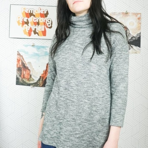 Zara Mock Turtle Neck Quarter Sleeve Sweater Tunic Top Heathered Gray Size M - Picture 1 of 6